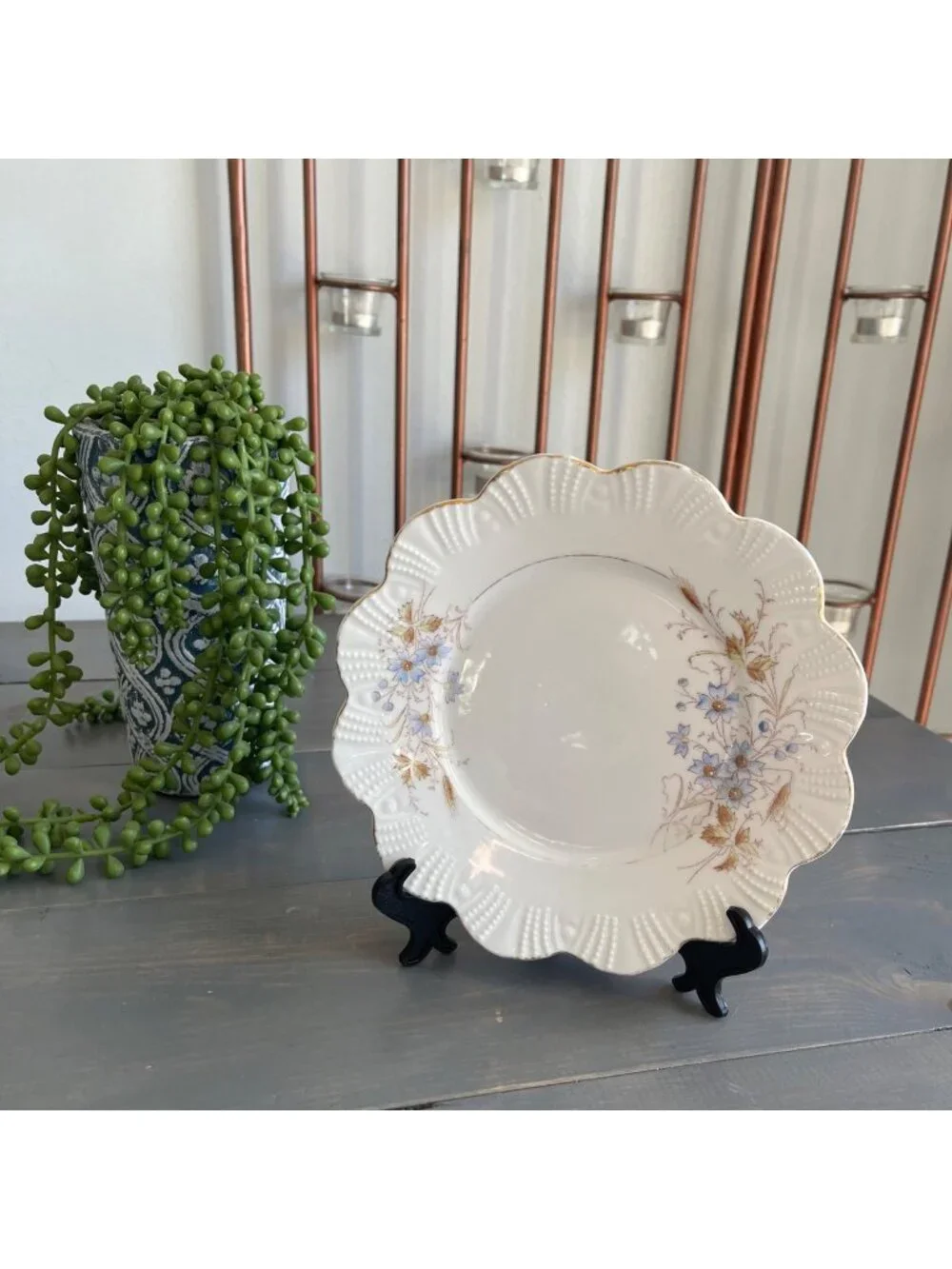 Vintage Decorative Floral Plate Scallop Edge Molded Relief Details Gold Gilding